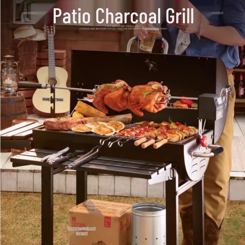 Large Outdoor American Style Charcoal BBQ Grill with Smoker & Electric Rotisserie