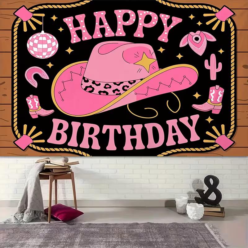 2D Disco Cowgirl Backdrop "Happy Birthday" Western Themed Photo Booth Background