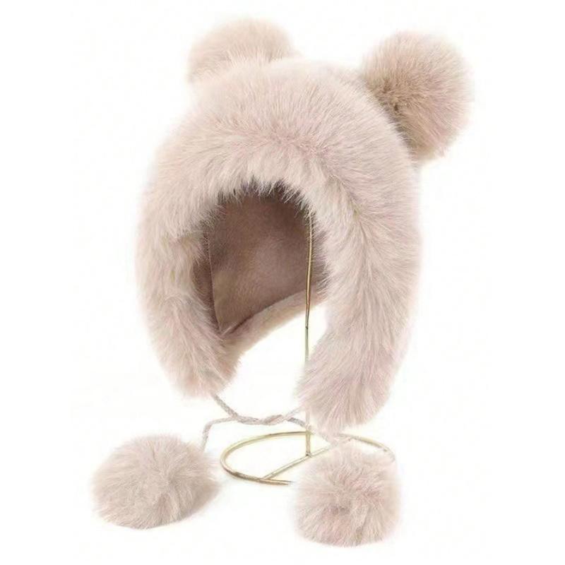 Pălărie găleată pentru damă, cu design drăguț cu ciucuri pufoși tip pompon, cu urechi de pisoi, pălărie Lei Feng, pălărie caldă, casual, drăguță pentru exterior