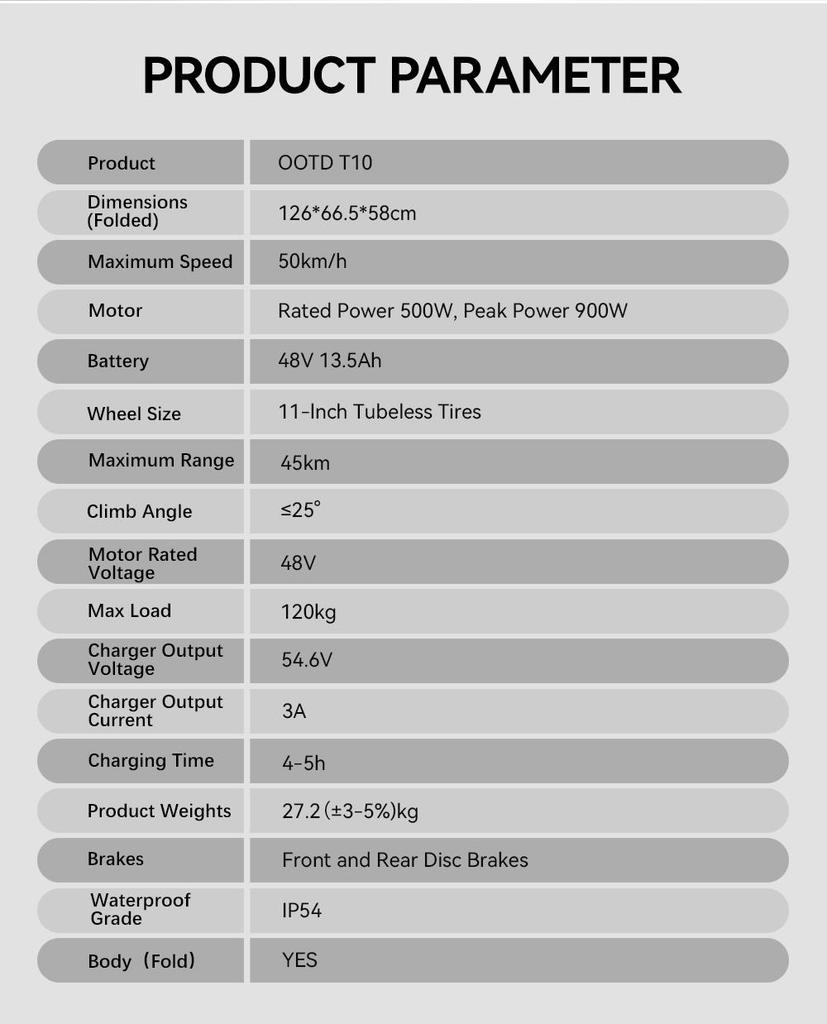 Electric Scooter Foldable OOTD T10 900W Motor Top Speed 50Km/h E-Scooter For Adult 48V 13.5AH Max Range 45Km Load 120Kg