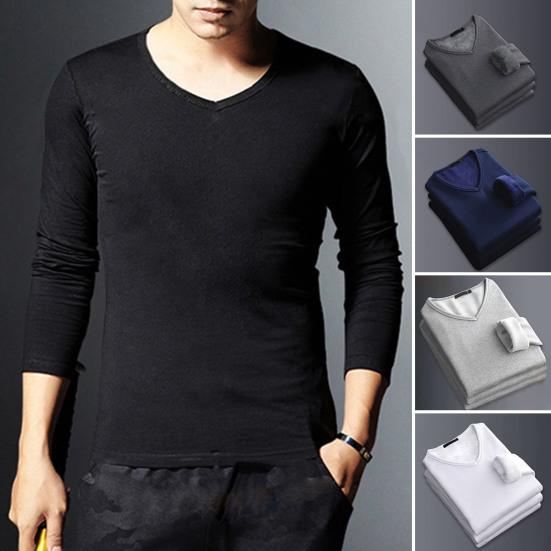 Men Thermal Shirt Fall Winter Base Layer Shirt Fleece Lined V-Neck Pullover Solid Color Warm Long Sleeve Tee Shirt for Daily Wear Sports
