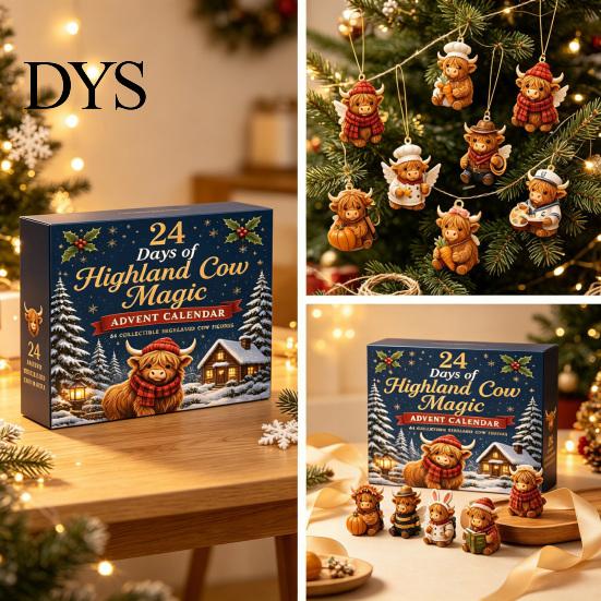 Decorative Bag Charms Highland Cow Advent Calendar, 24 Unique Acrylic Ornaments, Christmas Countdown Blind Box 2D Flat Hanging for Tree Decoration