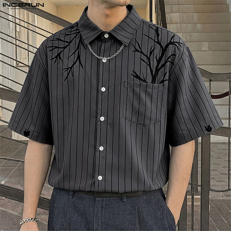 INCERUN Camicie Casual Larghe da Uomo a Maniche Corte con Scollo a Revers e Stampa a Righe