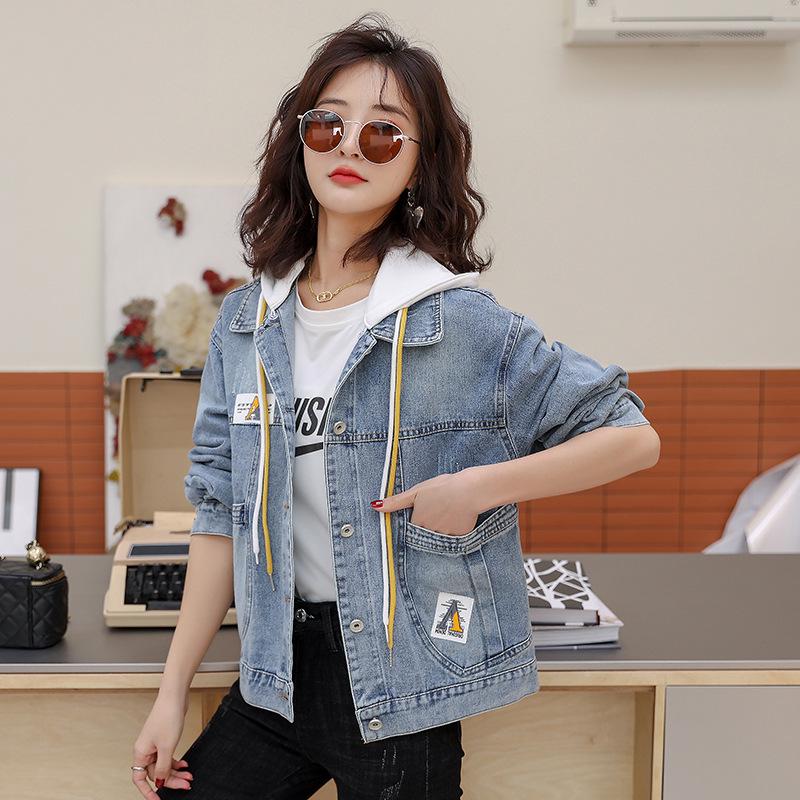 Trendy Women's Spliced Denim Jacket - Spring/Autumn 2025 Korean Loose Fit Short Hooded Style