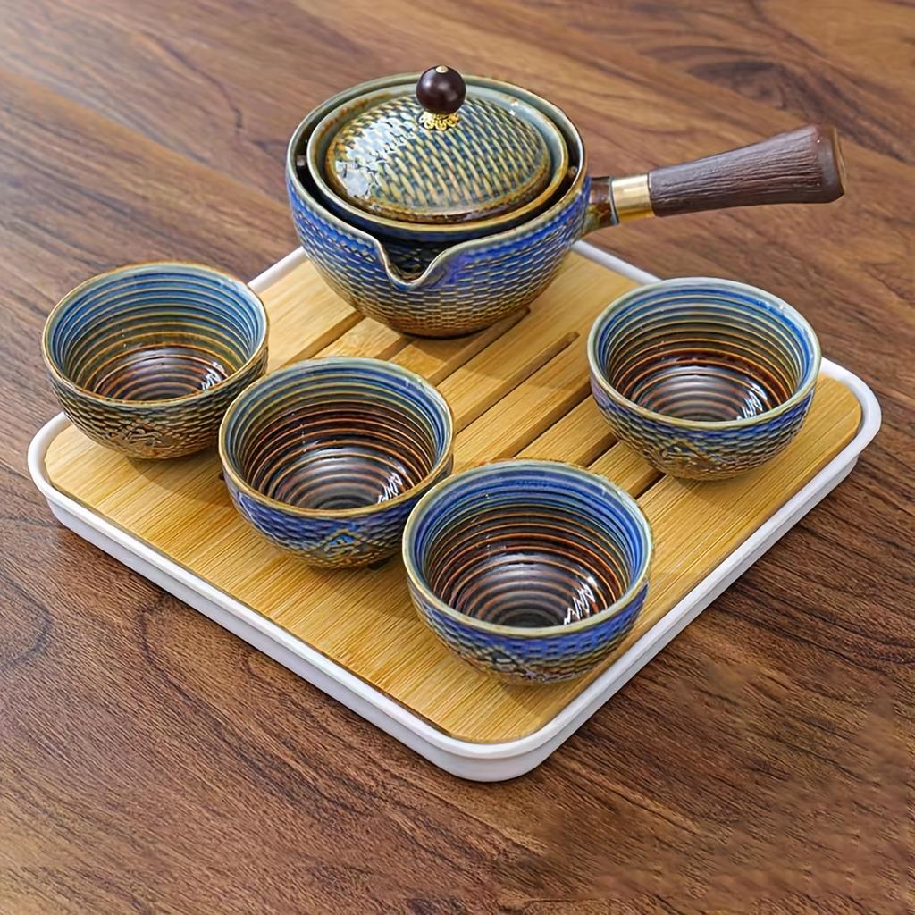 1/5/6/Stück Keramik-Teeservice, bedruckte Teekanne, tragbares Reise-Teeservice, Kung-Fu-Teekanne mit einfachem Verbrühschutzgriff, Teetassen, Teetablett, perfekt für zu Hause und