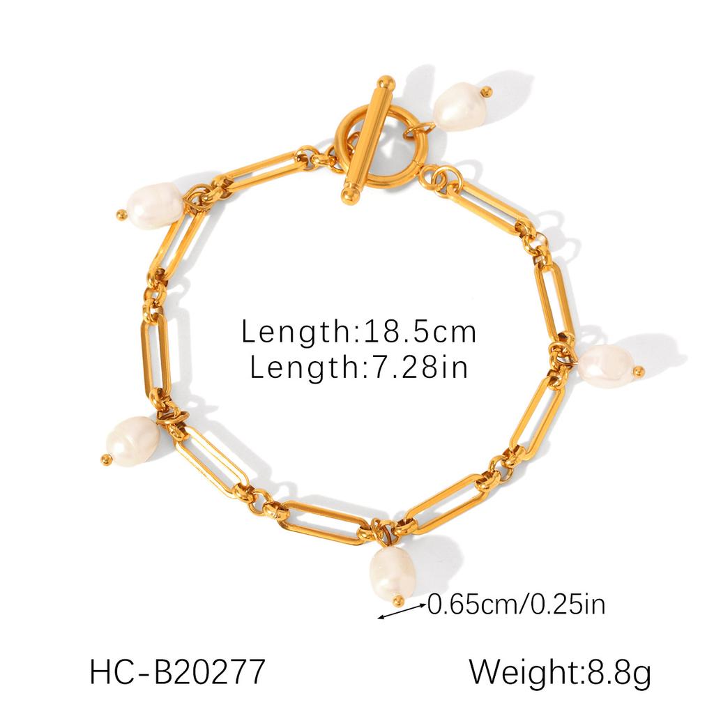 Simple Paper Clip Chain Freshwater Pearl Bracelet Fashion Gold Jewelry Long Lasting