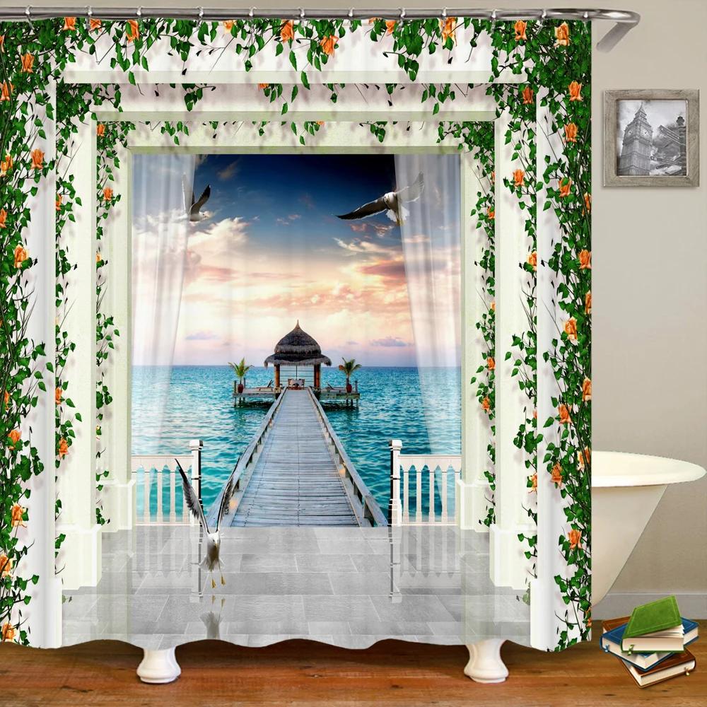 Badrum Vattentät Duschdraperi Polyester 3D Berg Trädgård Havssida Vacker Blomma Landskapstryck Hemdekoration Draperi