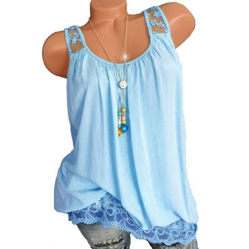 

Premium Quality Sexy Women s Summer Sleeveless Lace T-shirt Vest For Effortless Style 4XL синий