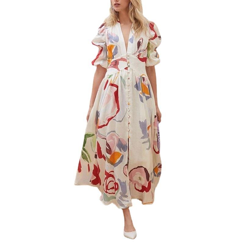 Spring New Women'S Clothing Beach Dress Slim-Fitting Pendulum Four-Sided Elastic Printing Dress