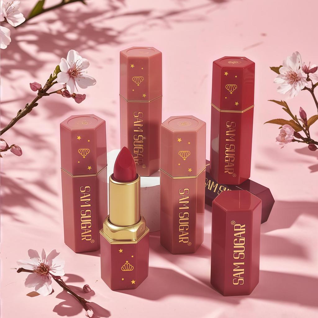 Batom Sereia Acabamentos Cintilantes e Perolados Batom Tons Vermelhos Longa Duração Acabamento Matte Brilho Labial, Presente de Natal Perfeito