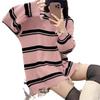 Autumn and Winter New Retro Temperament Loose Round Neck Rough Edge Holes Lazy Style Striped Knitted Pullover Sweater Women
