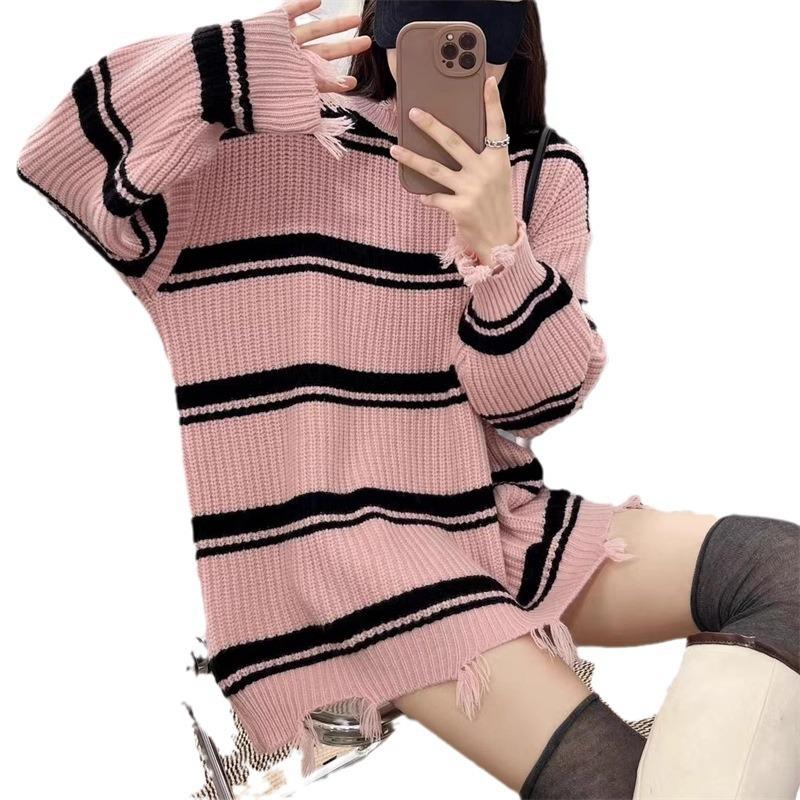 Autumn and Winter New Retro Temperament Loose Round Neck Rough Edge Holes Lazy Style Striped Knitted Pullover Sweater Women