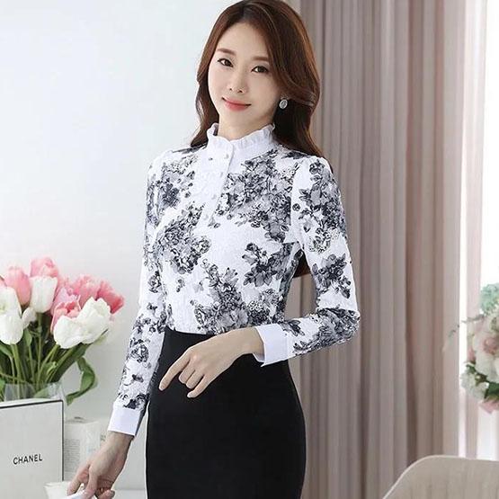 

Жіночі осінні блузки з квітковим принтом плюс розмір, тонкі плюшеві топи Жіноча блузка з довгим рукавом Witner S білий