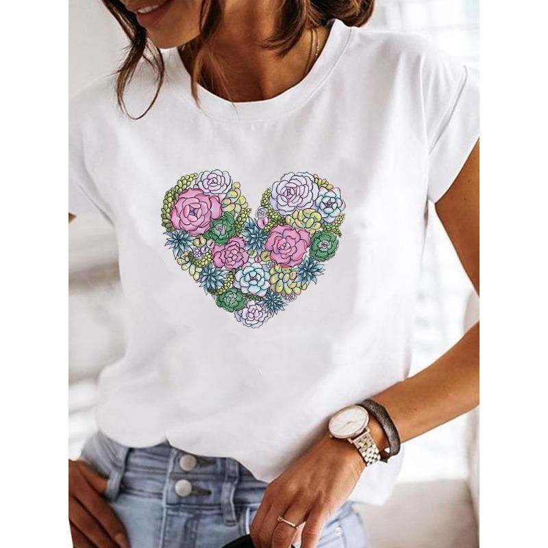 Sommer Rundhals Herzförmige Blume Liebe Aufdruck Top Modisches Lässiges Reines Baumwoll Kurzarm Damen T-Shirt