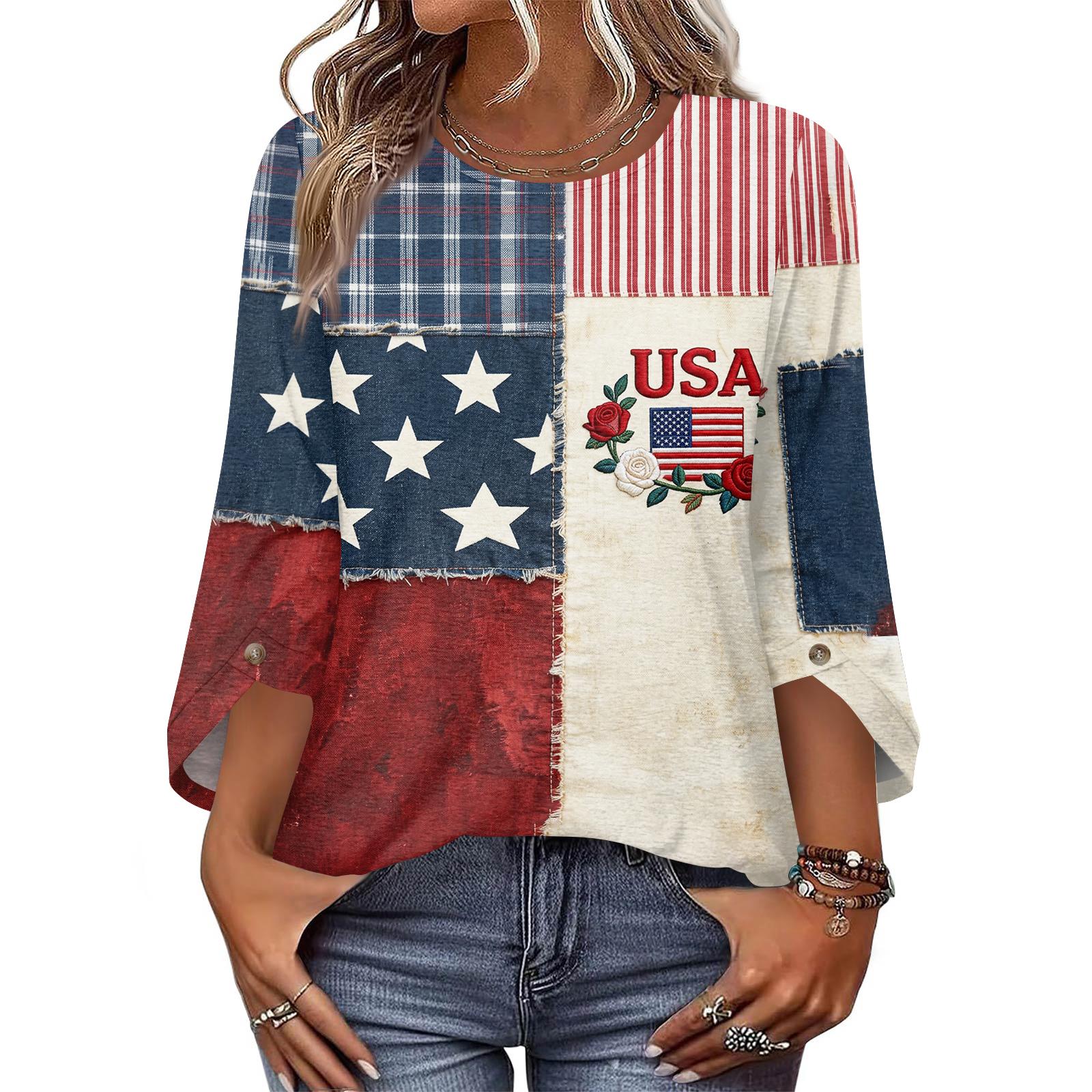 

Womens Tops 3/4 Length Sleeve Dressy Casual Blouses For Women Trendy Round Neck T Shirts XL винний