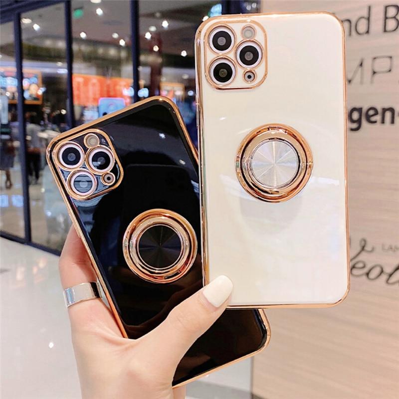 Luxury Ring Holder Case For iPhone 11 7 8 Plus Gold Plating Metal Stand Phone Cover For iPhone 12 Pro Max XS XR SE 2020 Silicone