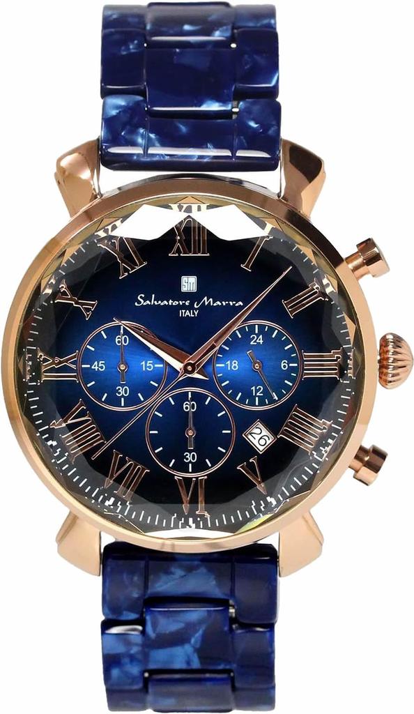 Salvatore Marra Men's Blue Watch with Faceted Glass, Chronograph, and Acetate Strap, SM19104A-PGBL