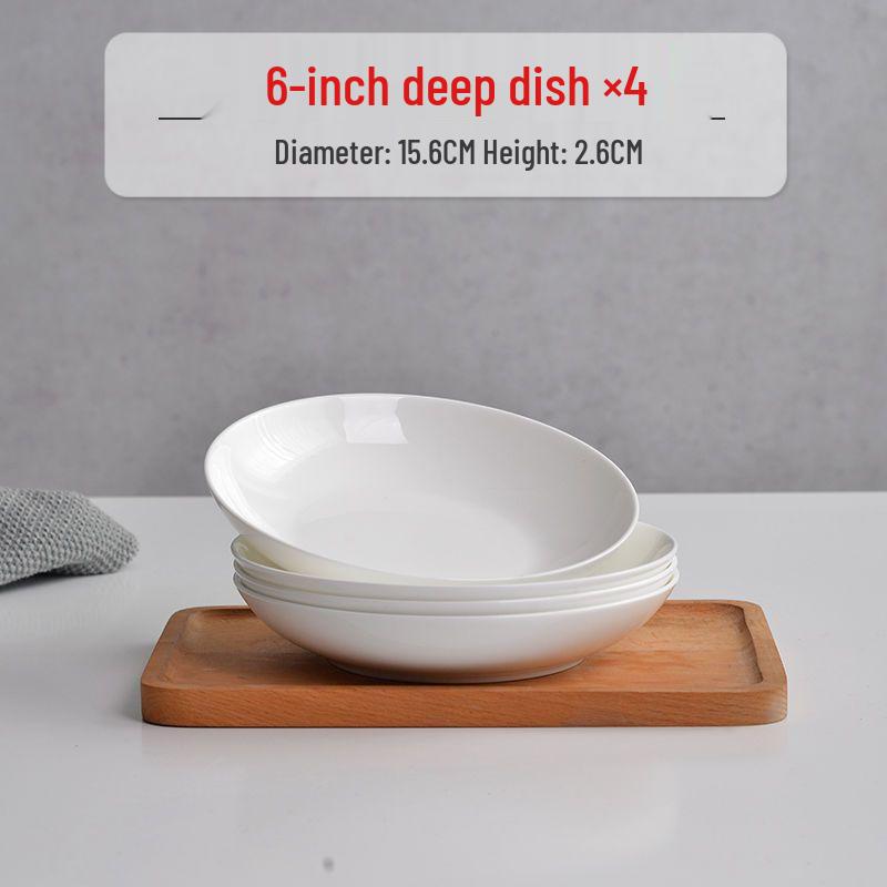 6-piece White Porcelain Deep Dinner Plate Set, 6-inch