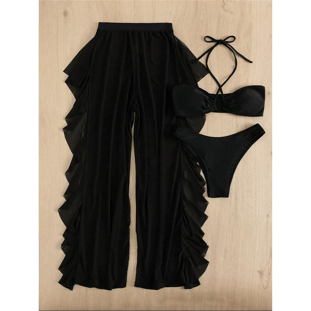 

С оборками пляжные штаны халтер бикини женские купальники женский купальник из трех частей бикини комплект купальный костюм купальный костюм плавание S чёрный