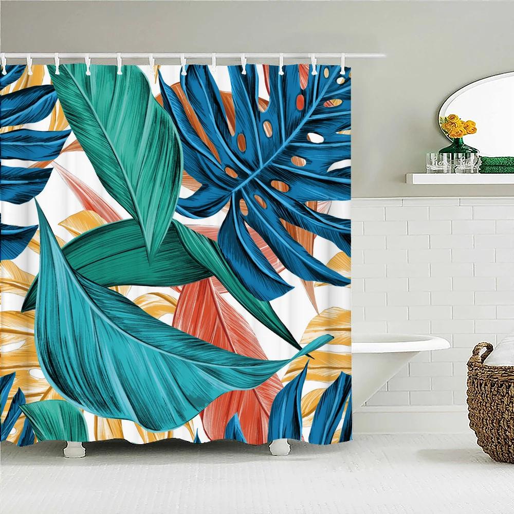 Tropical Plant Leaves Bath Curtain Waterproof Fabric Shower Curtains Colorful Palm Leaf Print Bathtub Screen for Bathroom Decor
