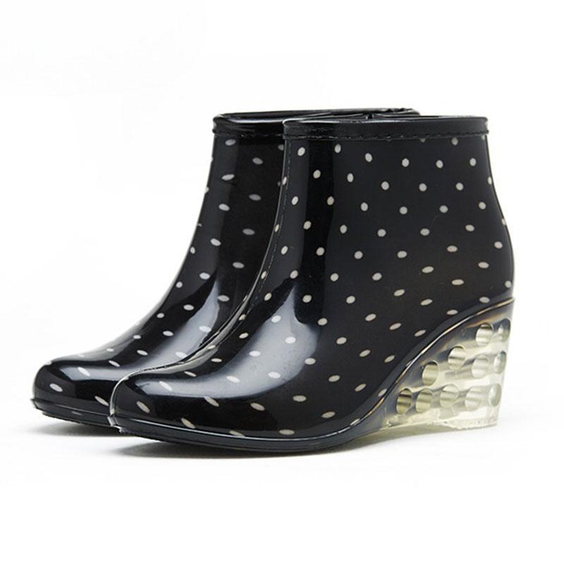 Women's Rain Boots Waterproof Overshoes Female Soft Sole Anti-slip PVC Plastic Shoes Fashion Printed Wedge Heels Zipper Gumboots