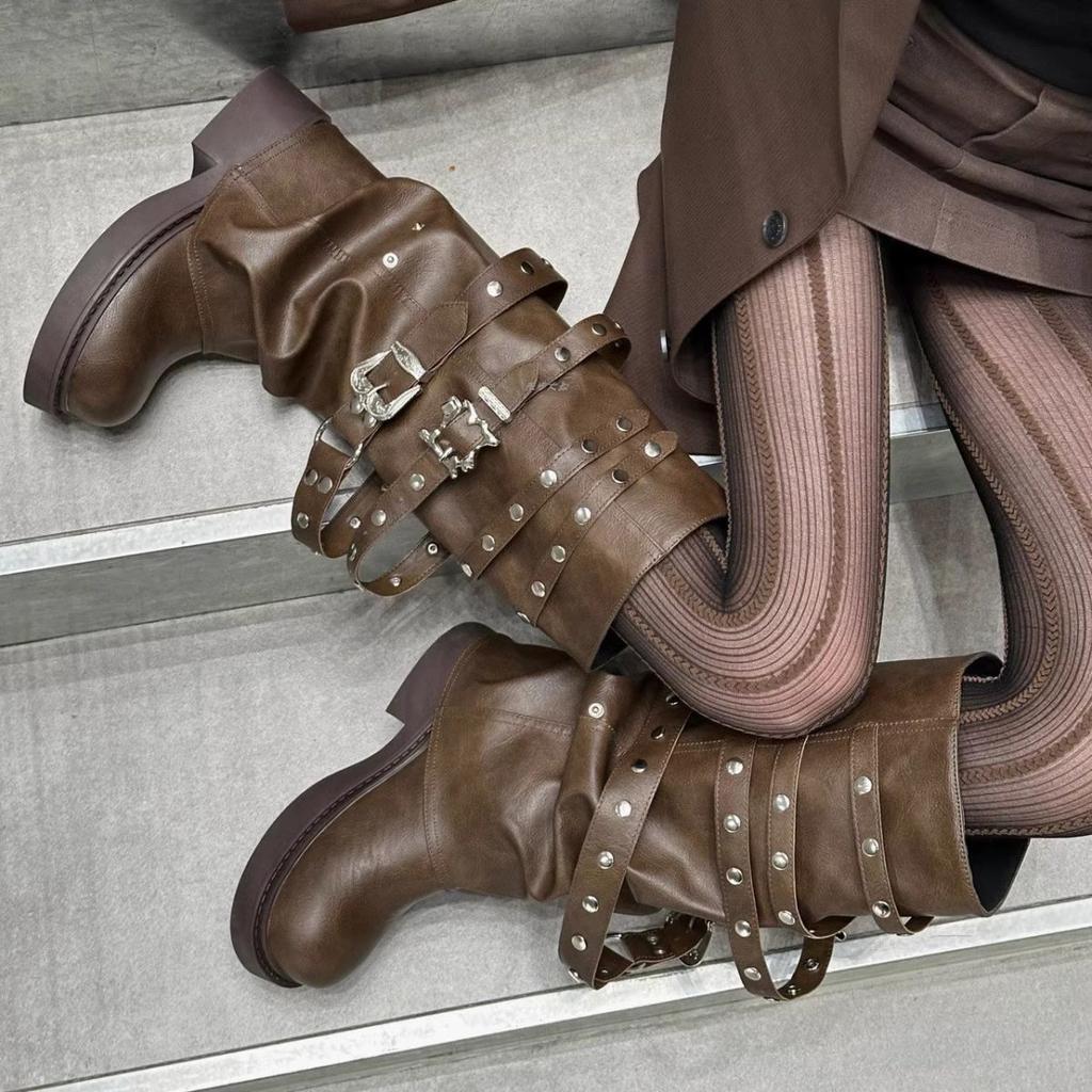 Retro Riveted Trouser Tube Boots Round Head Thin Yadan Style Long Boots 2025 Autumn Thick-soled Niche Design Knight Boots