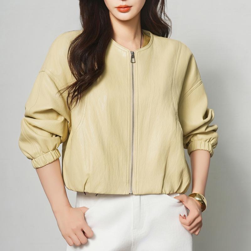 Women’s Genuine Sheepskin Leather Cardigan Jacket - Short, Round Neck, Loose Fit for 2026 Spring/Autumn.