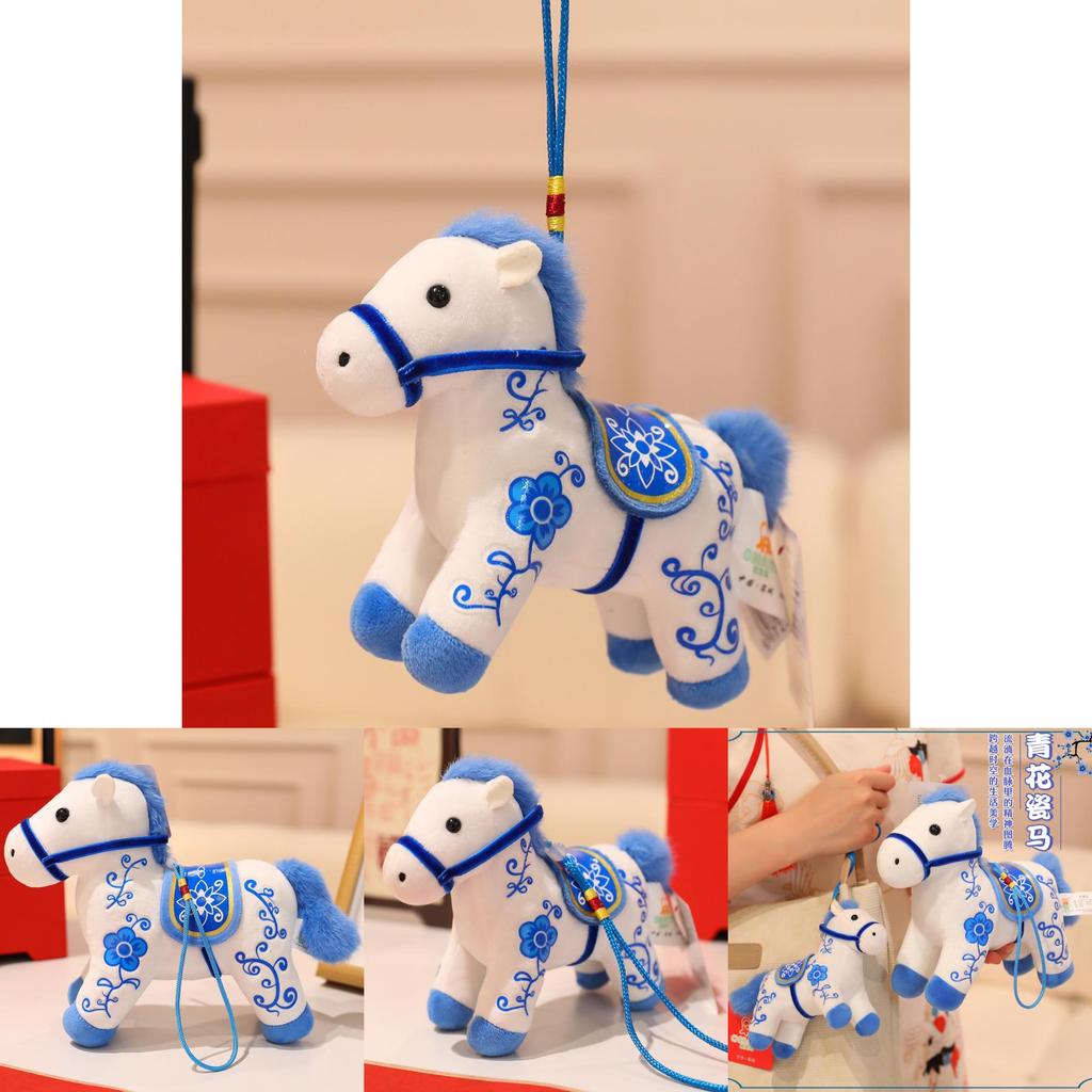 Chinese Style Plush Toy Blue And White Porcelain Horse Collectors Gift With Soft Short Pile For New Year Celebration