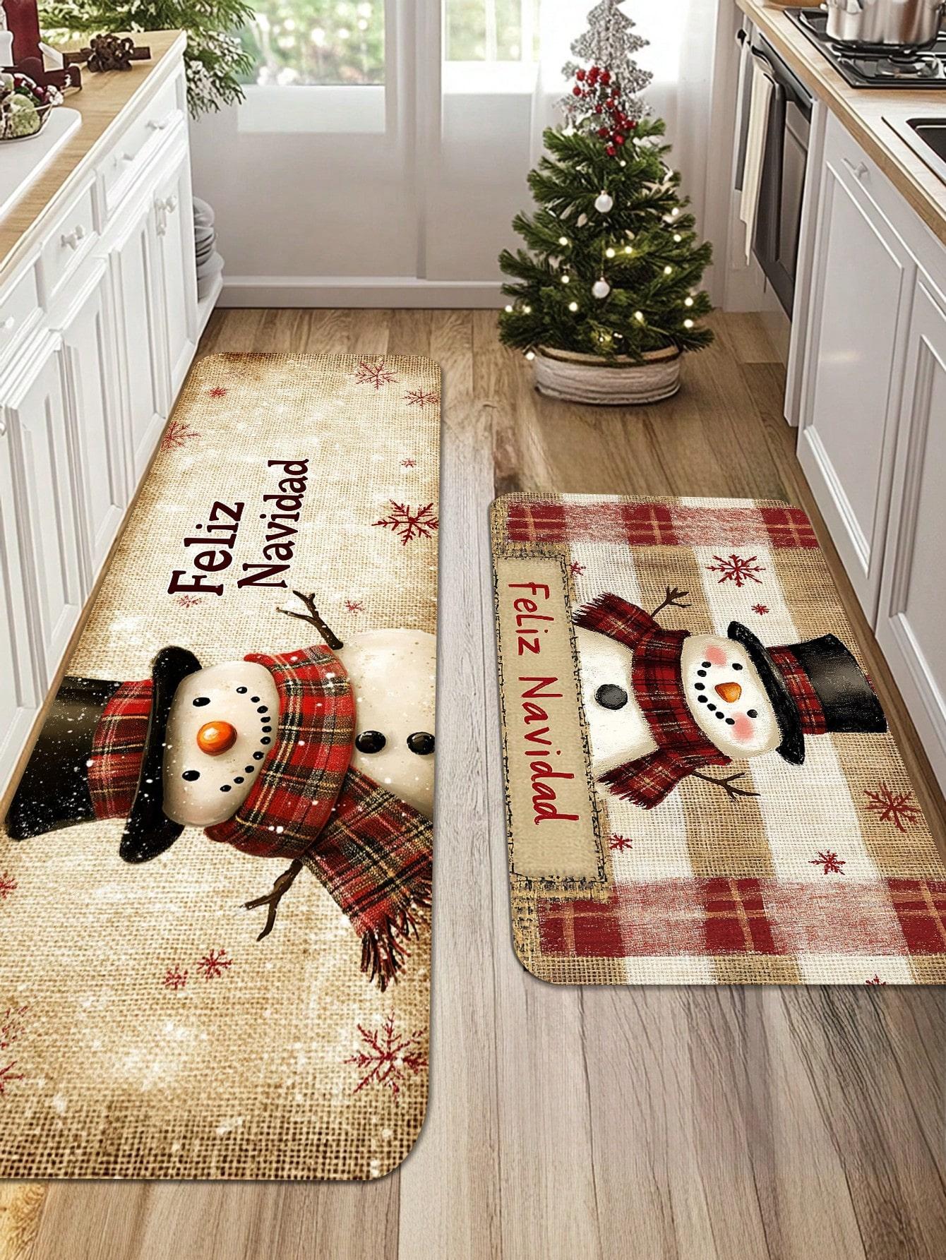 

Spanish Merry Christmas Kitchen Carpet Set Snowman Printed Pattern Doormat Machine Washable Non Slip Mat for Home Vacation Decor 50x80cm