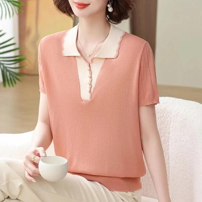 Summer Short-sleeved Middle-aged Women's Ice Silk T-shirt Top Lapel Fashion Pullover