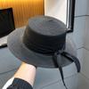 Women's Summer Straw Hat with Ribbon, Wide Brim Sun Protection Beach Cap, Elegant Flat Top Fisherman Hat for Outdoor Use