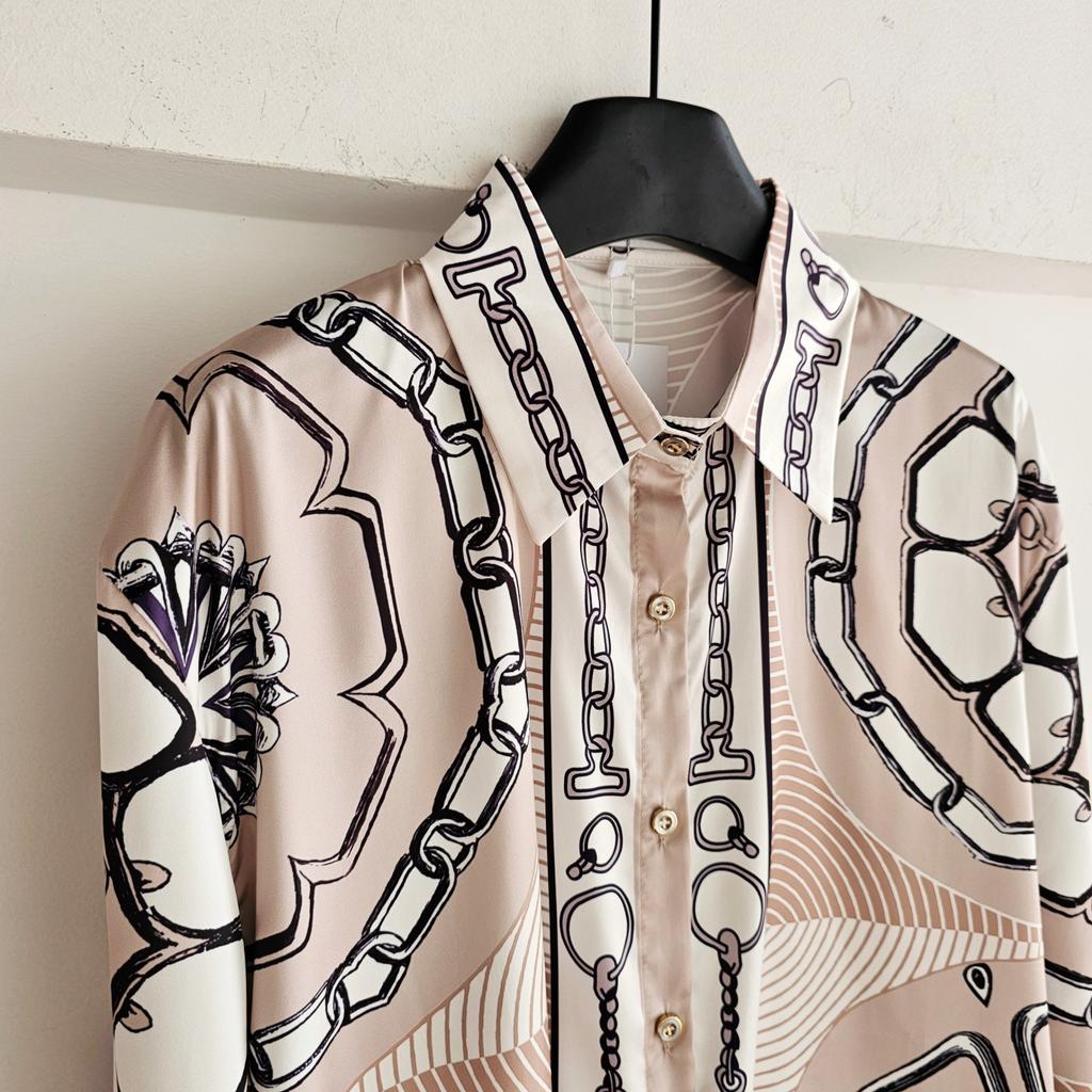 Light Luxury French Old Money Style Retro Rope Chain H Home Positioning Printing Long-sleeved Shirt Women's Fashion Shirt