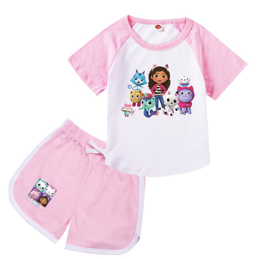 Gabby's Dollhouse Girls Sportswear Set Toddler Boy Clothes Summer Pajamas Gabby Cats Cotton Short Sleeve T Shirt+Shorts Costume