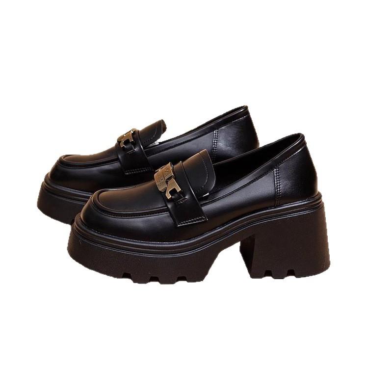 Black Platform Loafers Women's 2025 Autumn New Internet Celebrity Niche Small Leather Shoes British Style One Pedal Leather Shoes