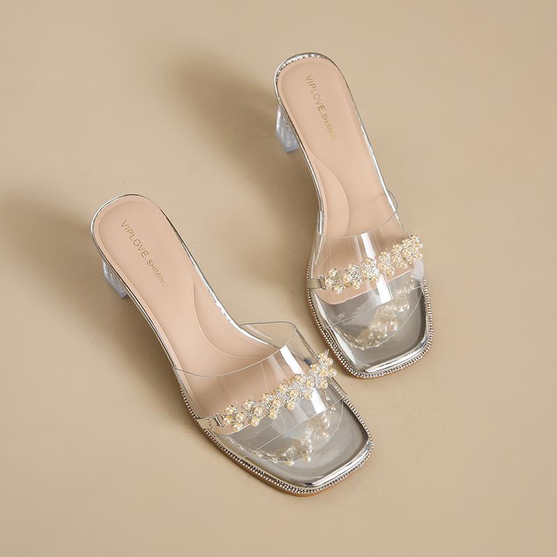 Fashion CRLAYDK Summer Womens Chunky Heel Sandals Open Toe Transparent Slip On Ladies Dressy Casual Party Wedding Mule- Nude Shoes