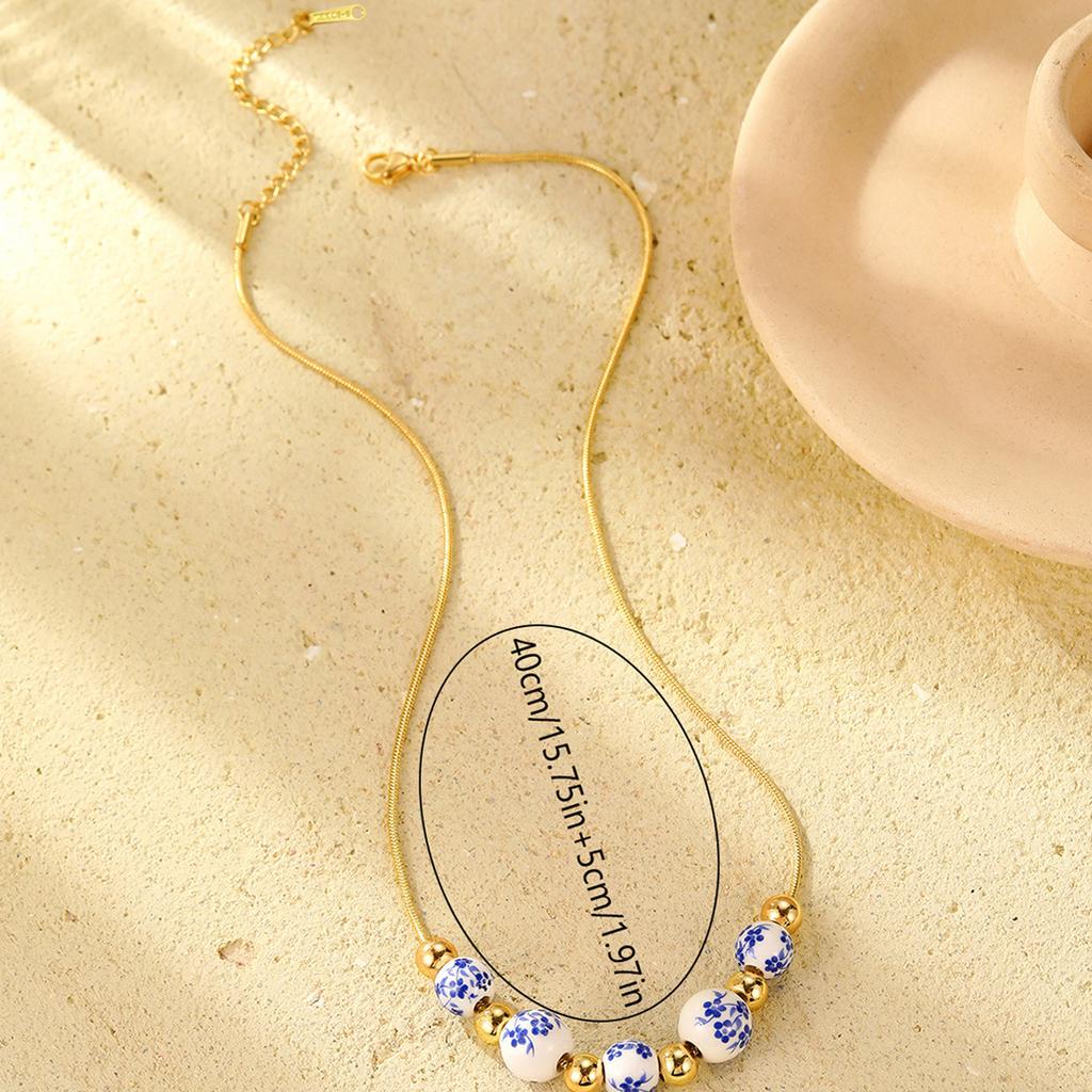 Temperament national style blue and white porcelain round bead fringed necklace, simple and versatile high-end necklace