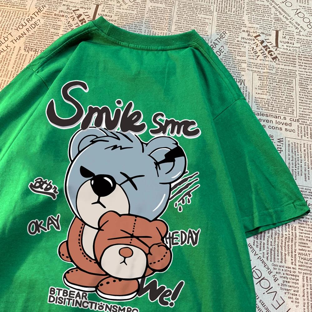 Teddy Bear With Hood Off T Shirt Men Women Hip Hop Streetwear Couple Printing Tops O-Neck Tee Clothes Cotton Oversized Tee