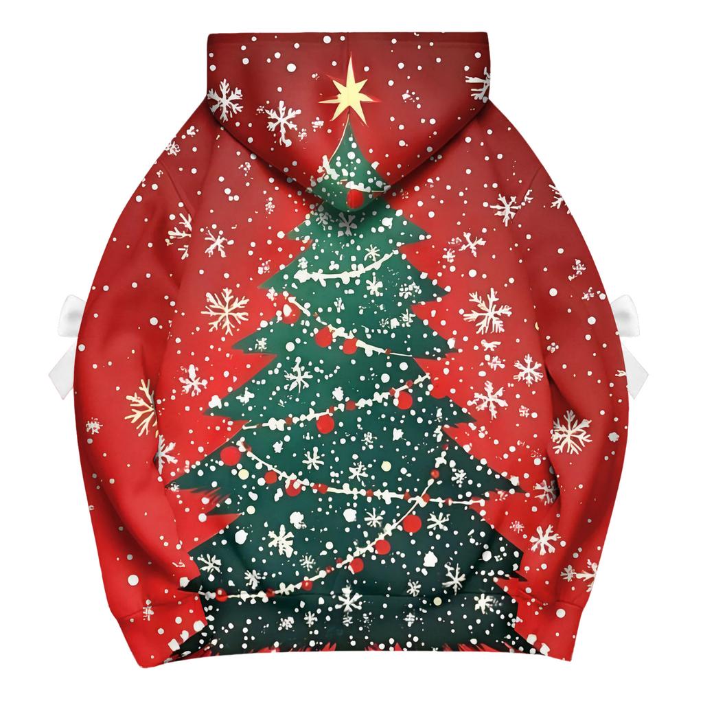 Ladies' Christmas Printed Bow Long Sleeved Loose Fitting Headband With Rope Hooded Sweatshirt Top