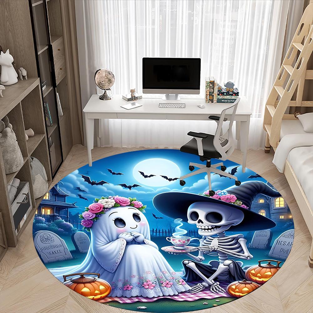 1pc Spooky Picnic Carpet for Office Non Slip, Round Carpet, Soft & Comfortable, Carpet for Office, Lightweight Round Floor Mat