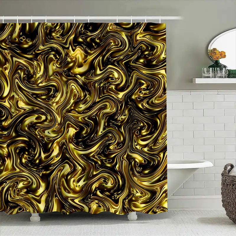 Luxury Golden Fluid Texture Print Shower Curtain Waterproof Bathroom Decor