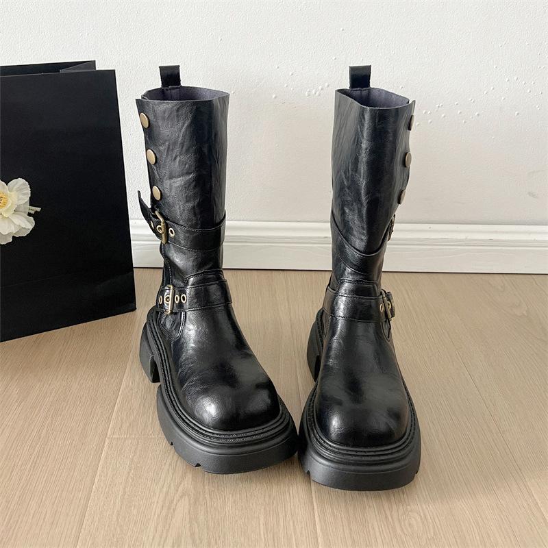 

Brown retro thick-soled thick-heeled Martin boots women s 2025 new summer British style thin low-tube knight boots 35 чёрный