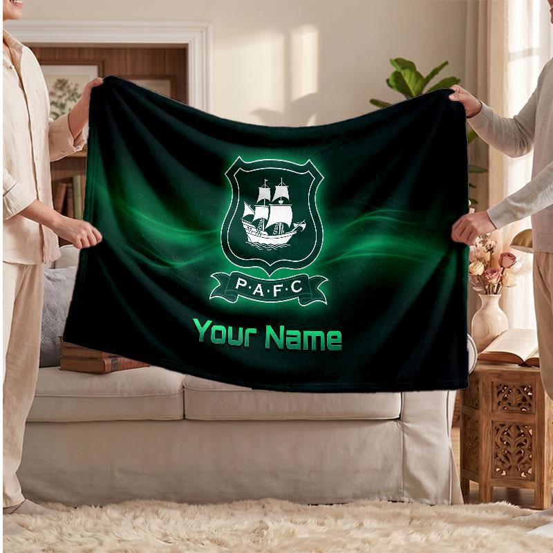 Plymouth Argyle FC Personalized Fleece Blanket With Football Logo, Custom Name Text Soft Warm Home Throw Blanket