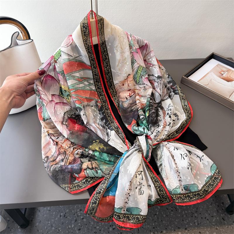Water Town Picture Printing Flower Cutting Spring And Summer Silk Scarf Large Long Scarf High Sense Travel Shawl Sun Protection Women'S Scarf