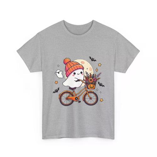 Cute Ghost Riding Bike T-Shirt, Halloween Ghost Graphic Tee, Fall Vibes Shirt L