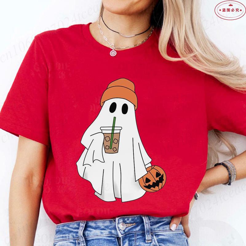 Little Boo Drinking Coffee Women T-Shirts Fashion Halloween Party Spooky Season Shirt Harajuku Graphic Tops Casual Streetwear
