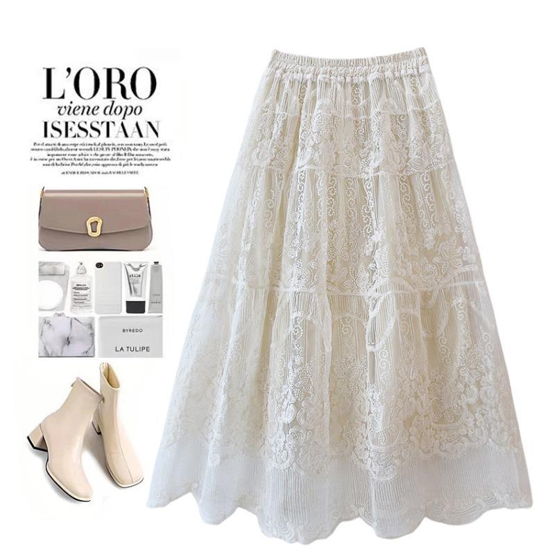 E-commerce lace embroidered skirt, four-season Korean version embroidered fluffy skirt, gentle lace mesh umbrella skirt One size fits all абрикосовый