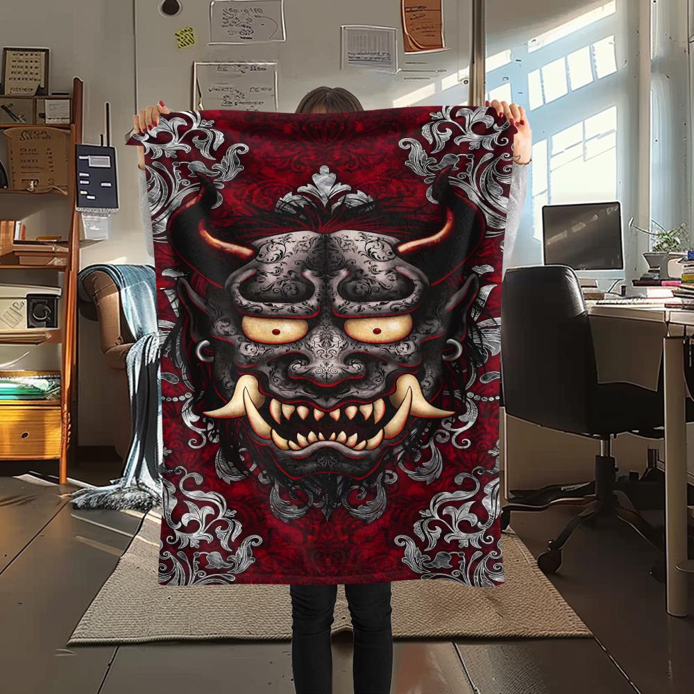 1Pc Hannya Samurai Print Flannel Blanket, High quality Comfortable for All Seasons, Home Decor, Warmth and Comfort, Perfect for Christmas Gifts