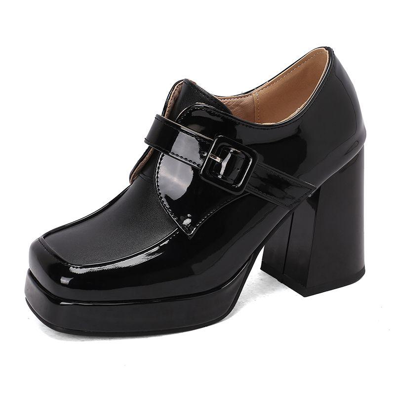Damen Pumps Eckige Zehenpartie Blockabsätze 9,5cm Plateau 2cm Gürtelschnalle Übergröße 47 48 Mode Dating Party Damenschuhe