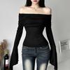Fashion New Solid Slim Fit Off Shoulder T-shirt Women Sexy Backless Flare Long Sleeve Tshirts Woman Street Y2K Elegant Casual Lady Tee Shirt 24574