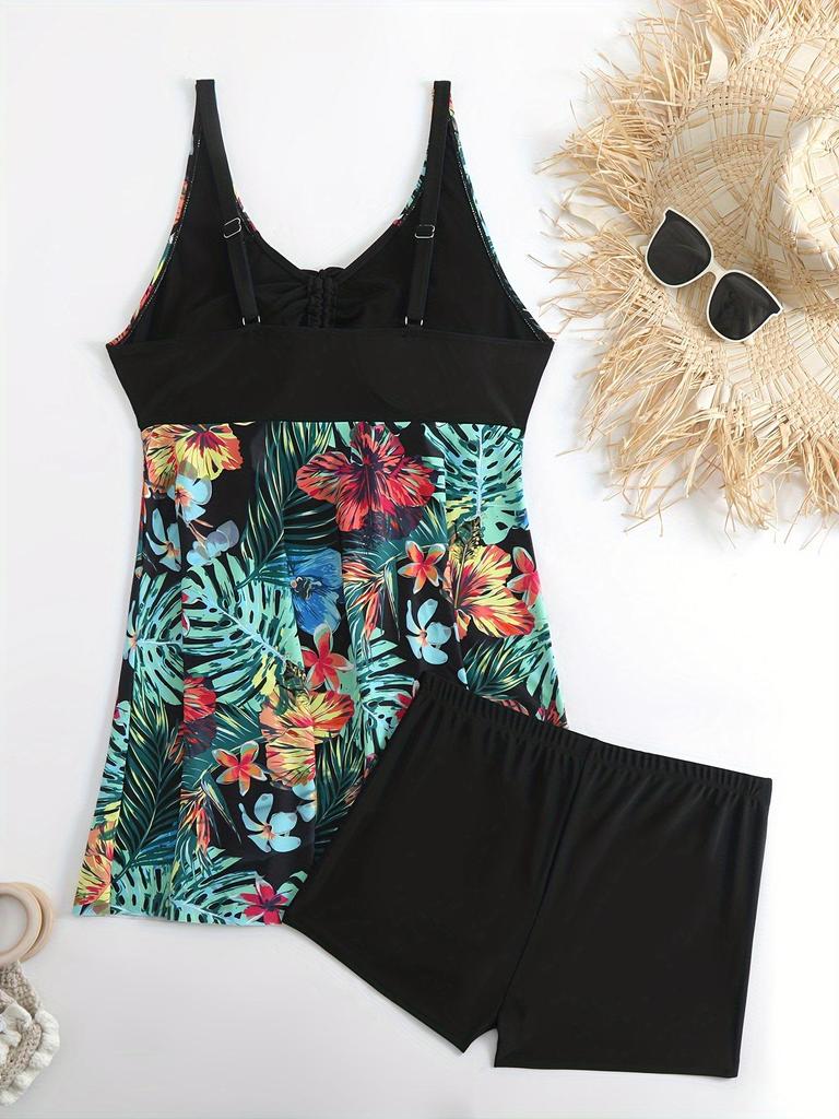 2025 Plus Size European Print Bikini with Tummy Control and Split Skirt Style